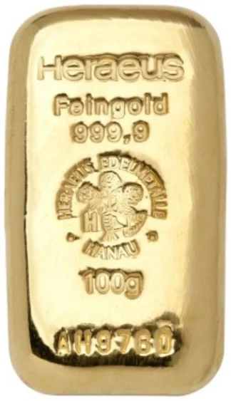 100 grams Heraeus Gold Cast bar